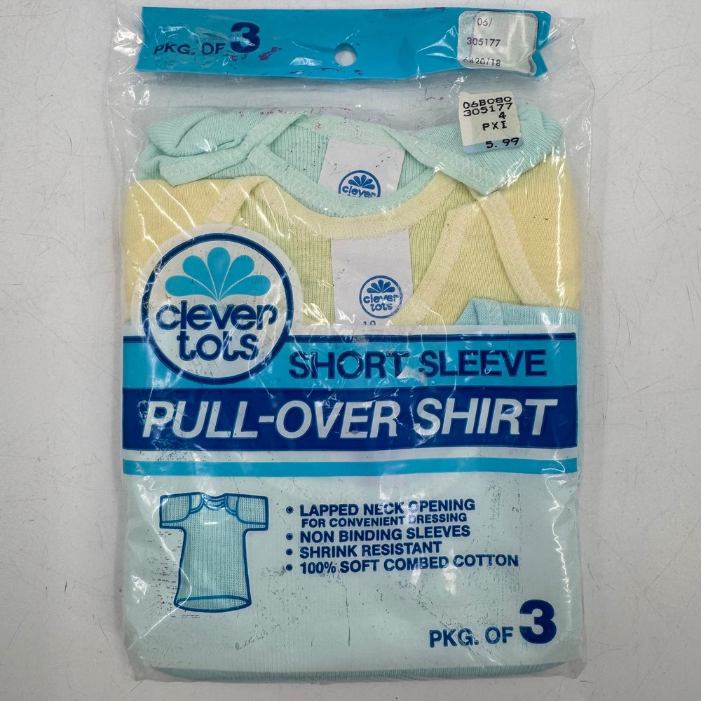Vintage Clever Tots Short Sleeve Pull Over Shirt Set Baby Infants 3 Pack NOS